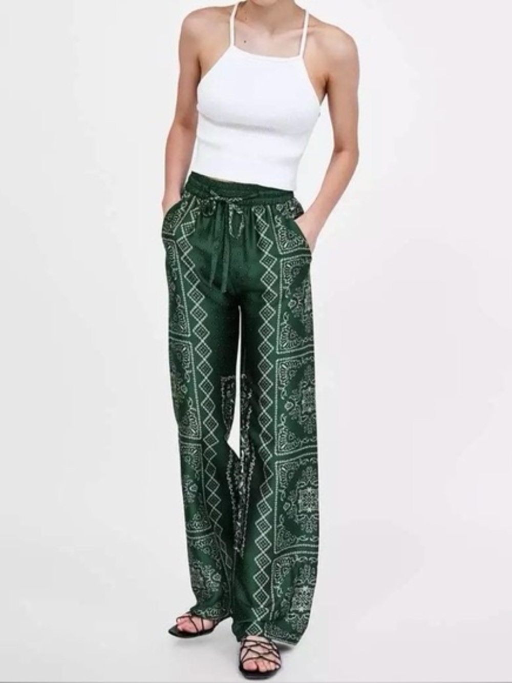 Zara Wide Leg Bandana Print Pants - Dark Green